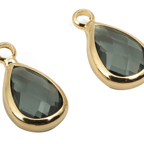 Glass Drop Earring Charms - Brass Teardrop Frame Pendant - Gold Tone Plated Brass - Faceted Glass - 13.82x7.62x3.98mm - GS1121B