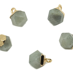 Labradorite Hexagon Earring Charms - Iron Hexagon Pendant - Faceted Natural Stone - Gold Tone Plated Iron – 11.56x7.96x7.96mm – NS1849D