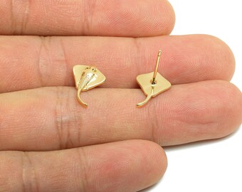 Brass Fish Earring Stud - Brass Marine Fish Earring Post -  Gold Jewelry - Silver Post - 18K Real Gold Plating - 14.8x10x1.9mm - RGP10003