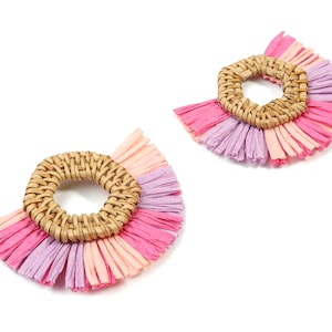 Handwoven Rattan With Raffia Tassels Earring Charms - Hexagon Rattan Tassels - Wooden Straw Earring - 78.27x61.88x8.34mm - RT1354