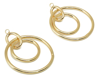 Brass Round Earring Charm - Brass Double Circle Charm - Round Links Hoops Pendant - For Necklace - 18K Real Gold Plated -46x34x2mm- RGP6017