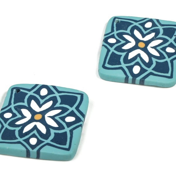 Polymer Clay Square Flower Earring Charms - Polymer Clay Square Flower Pendant - Earring Findings - Jewellery Handmade - 33x33x3mm - PC2276