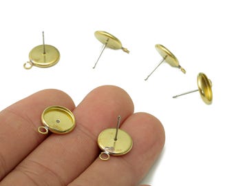 Brass Cabachon Stud Earring - Raw Brass Circle Earring Post - Round Pot Earring With Loop - Stainless Steel Stud - 15.3x11.8x1.4mm-PP8075-12