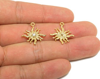 Brass Sun Earring Charm - Gold Hammered Bracelet Charm - Zircon Sunshine Pendant with Loop - 18K Real Gold Plating - 22x17x2.7mm - RGP8566