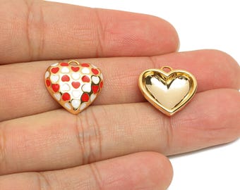Dainty Heart Pendant - Brass Enamel Vintage Charm for DIY Necklaces - 18K Real Gold Plating - Red White Heart Pendant- 17x17x4mm - RGP10843