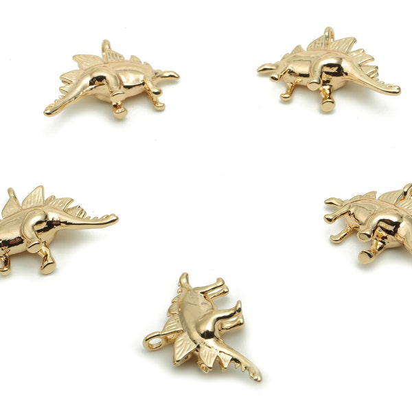 Brass Dinosaur Earring Charms - Gold Dinosaur Pendant - Figure Charm - 18K Real Gold Plated Brass - 17.42x11.01x4.52mm - RGP4258
