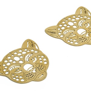 Brass Jaguar Earring Charms - Raw Brass Felidae Pendant - DIY Jewelry Making Supplies - 49.39x43.62x0.82mm - PPA1001
