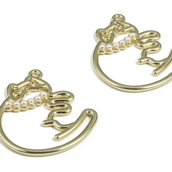 Alloy Cat Earring Charms - Gold Alloy Cat Pendant - Gold Tone Plated Alloy - Jewelry Making Supplies - 33.55x29.55x3.01mm - ZZ1773