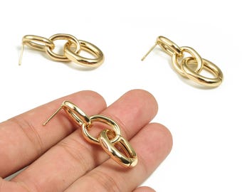 Brass Oval Earring Stud - 3 Oval Rings Earring Post – Oval Chain Stud - 18K Real Gold Plated Brass – Jewelry Supply - 21.2x4.05mm - RGP4034