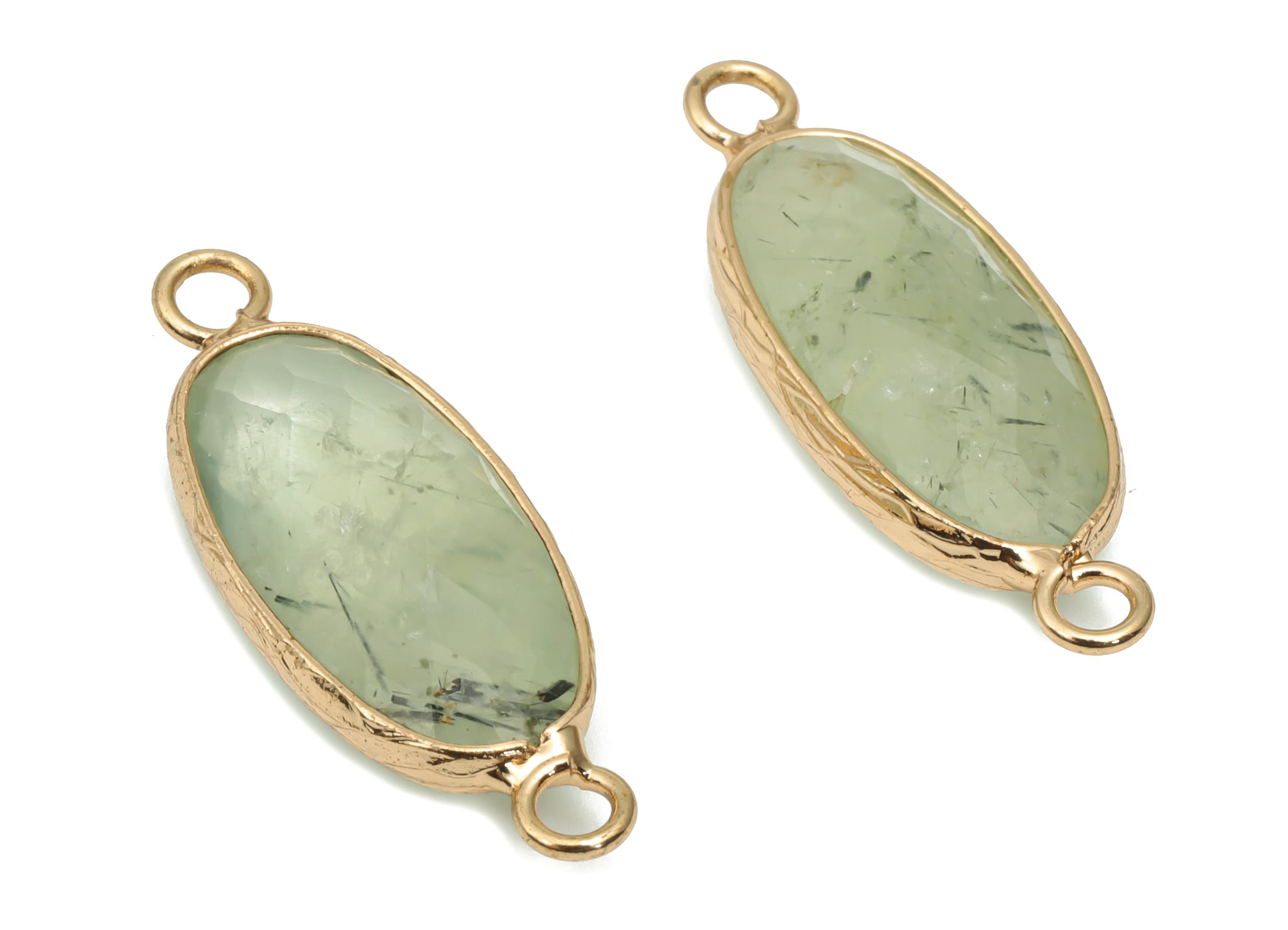 Prehnite Long Oval Earring Connector - Brass Oval Charms and Bracelet - Natural Stone - Gold Tone Plated Brass – 29.9x11.5x5.8mm - NS1698D