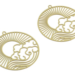 Brass Cloud Sun Circle Earring Charms - Raw Brass  Sun Clouds Round Pendant - Earring Findings - Jewelry Supplies - 32x29.92x0.3mm - JJB6277