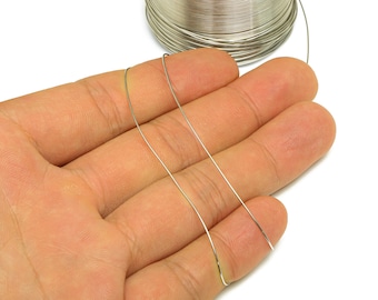 May include: A hand holds two strands of silver-colored wire, with a spool of the same wire visible in the background. The wire is thin and appears to be flexible. The image is well-lit against a white background.