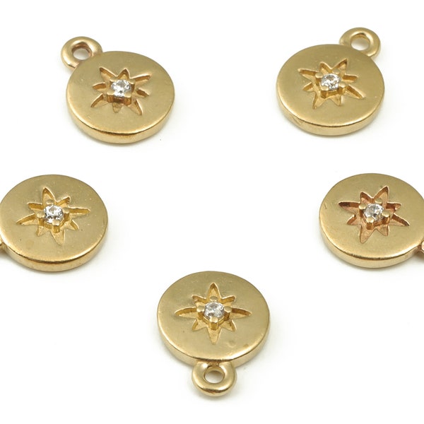 Brass Round Star Earring Charms With Zircon - Raw Brass Circle Pendant - Earring Finding - Jewelry Supplies - 10.37x7.98x2.09mm - PP4505