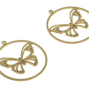 Brass Round Butterfly Earring Charms - Raw Brass Circle Butterfly Pendant - Jewelry Making Supplies - 34.84x31.98x0.71mm - PP4199