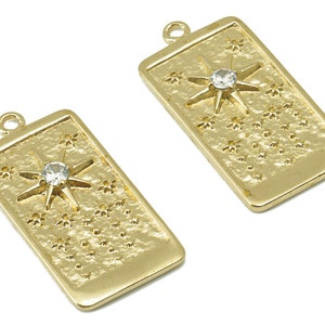 Boucles d'Oreilles Rectangulaires en Laiton - Pendentif Tarot vintage en Laiton Brut - Étoiles Cubic Zircon - Charme Soleil CZ - Pour Colliers-27x14x3mm-PP8355