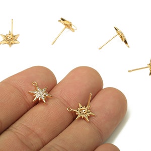 Örhänge i mässing med hexagram och nordstjärna - Zirkonstjärnörhänge med ögla - 316 rostfritt stål - 18K äkta guldplätering - 12,6x9,7x2,3 mm - RGP5226