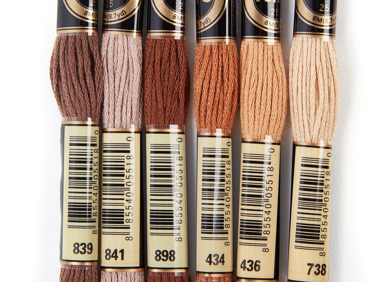 May include: Six spools of embroidery floss in various shades of brown, beige, and peach. The spools are labeled with numbers: 839, 841, 898, 434, 436, and 738.