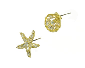 Brass CZ Starfish Earring Post - Brass Shell Earring Stud - Brass Cubic Zircon Marine Earring Post - Brass Marine Post - 19x18x3mm - PP9913