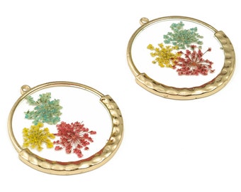 Resin Round Dried Real Flower Charm - Resin Lace Flower Pendant Charm - Gold Tone Plated Alloy - Jewelry Supplies-49.27x46.42x3.52mm- RC1186