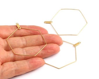 Connector Raw Brass Earring Hoops - Hexagon Shaped Ear Wire - Geometric Earring Findings - Jewelry Supplies - 52x40.8x0.71mm - PP1355