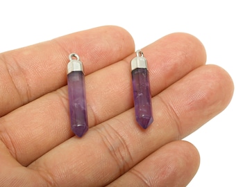 Iron Amethyst Pendant - Healing Stone For Necklace - Iron Cap Pendant - Amethyst Dangle Charm - Gemstone Point Pendant - 31x5x5mm - EE9402