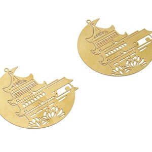 Brass Chinese Temple Earring Charms - Raw Brass Temple Pendant - Earring Findings - Jewelry Supplies - 40x39.15x0.3mm - JJB5369