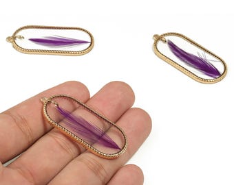 Epoxy Resin Oval Real Flower Charms - Epoxy Resin Feather Pendant - Gold Tone Plated Alloy - Jewelry Supplies - 46.25x20.71x2.54mm - ZZ1935