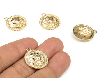 18K Gold Plated Lion Head Charm – Brass Metal Pendant for Necklace, Earrings RGP3422