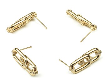 Brass Rectangle Earring Stud – Zircon Rectangle Post Earring - Stainless Steel Stud - 18K Gold Plated Brass – 25.85x9.06x5.52mm - RGP3418