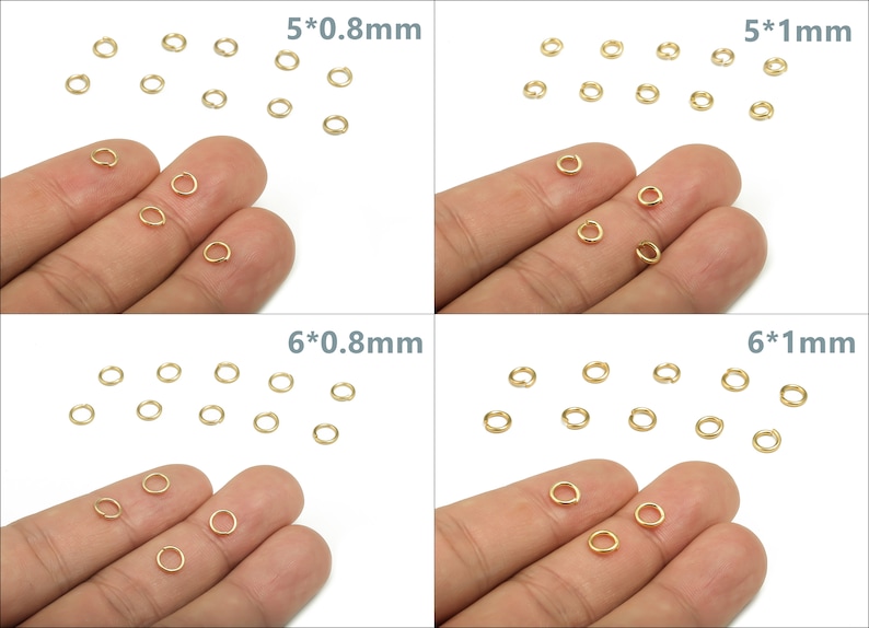 Op de afbeelding: Assortiment van gouden springringen in verschillende maten. De springringen zijn 5 mm en 6 mm in diameter, met diktes van 0,8 mm en 1 mm. De springringen worden getoond op een witte achtergrond.