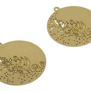 Brass Round Desert Cactus Earring Charms - Raw Brass Desert Cactus Circle Pendant - Jewelry Making Supplies - 37.82x34.87x0.62mm - PPA0356