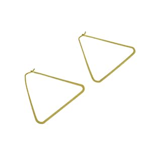 May include: A pair of gold triangle hoop earrings. The earrings are simple and elegant.
