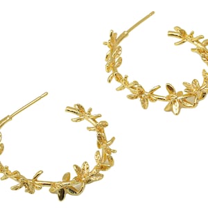 Brass Open Hoop Earring Stud - Flower Earring Post - Brass Leaf Post - Branch Hoop Earring - 18K Real Gold Plated - 31.28x28x5.78mm- RGP6373