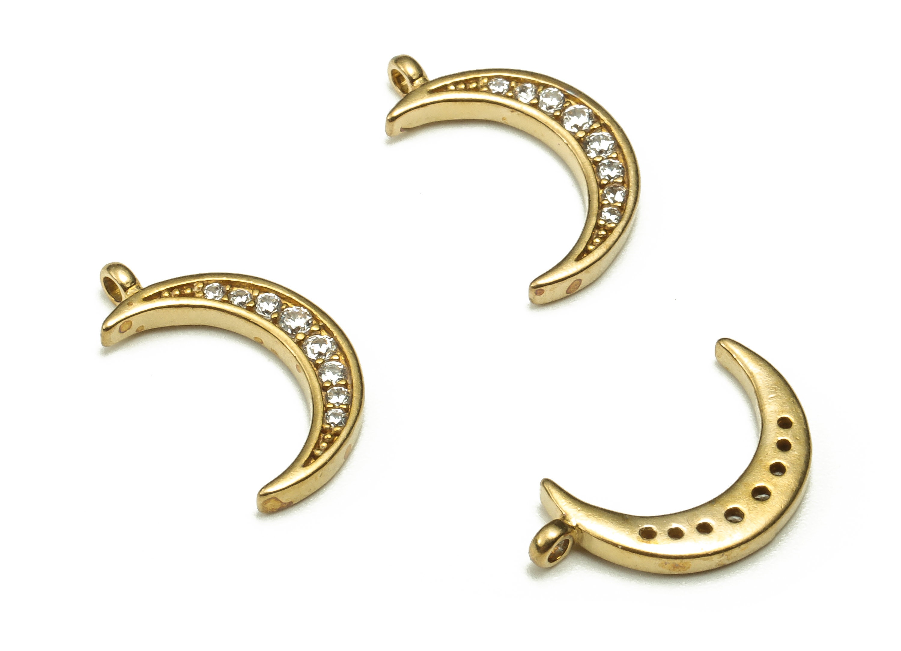 Brass Crescent Earring Charms With Zircons - Raw Brass Moon
