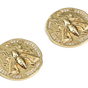 Brass Bee Pendant Charms - Round Disc Bee Charm - 18K Real Gold Plated Brass - Jewelry Making Supplies -22.6x22.6x3.6mm- RGP3449
