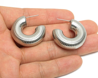 Stainless Steel C Hoop Earring Studs - Textured Silver Ribbed Hoop Post - Chunky Open Hoop Studs - Earring Jewelry - 31x26x10.5mm - SS1695
