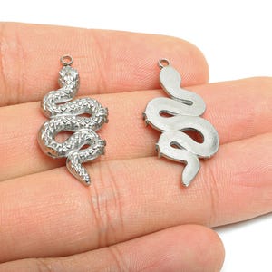 May include: Two silver snake charms. One has a detailed, textured design, the other a simplified outline. Both have a small loop at the top for attaching to jewellery. The charms are displayed against a neutral background.