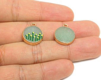 Green Aventurine Earring Charm - Brass Handmade Gold Floral Enamel Pendant - Botanical Theme - KC Gold Plating - 19x15x4.07mm - NS2883D