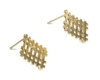 Brass Gold Square Earring Post - Brass Fence Square Stud With Loop - 18K Real Gold Plated Brass - Surgical Stud - 15.4x15.4x3.23mm - RGP2357