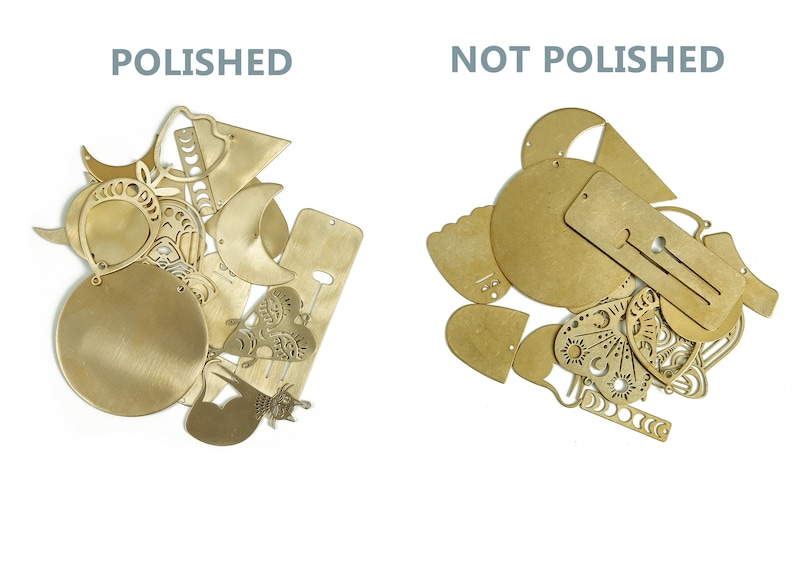 May include: Two piles of brass metal shapes, one pile labeled "POLISHED" and the other labeled "NOT POLISHED". The polished pile has a shiny, smooth finish, while the unpolished pile has a dull, matte finish.