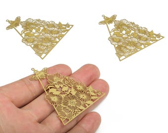 Messing Dreieck Ohrring Charms - Rohmessing Bienen Blumen Anhänger - Schmuckherstellung Zubehör - 56.74x53.22x0.29 mm - JJA4690