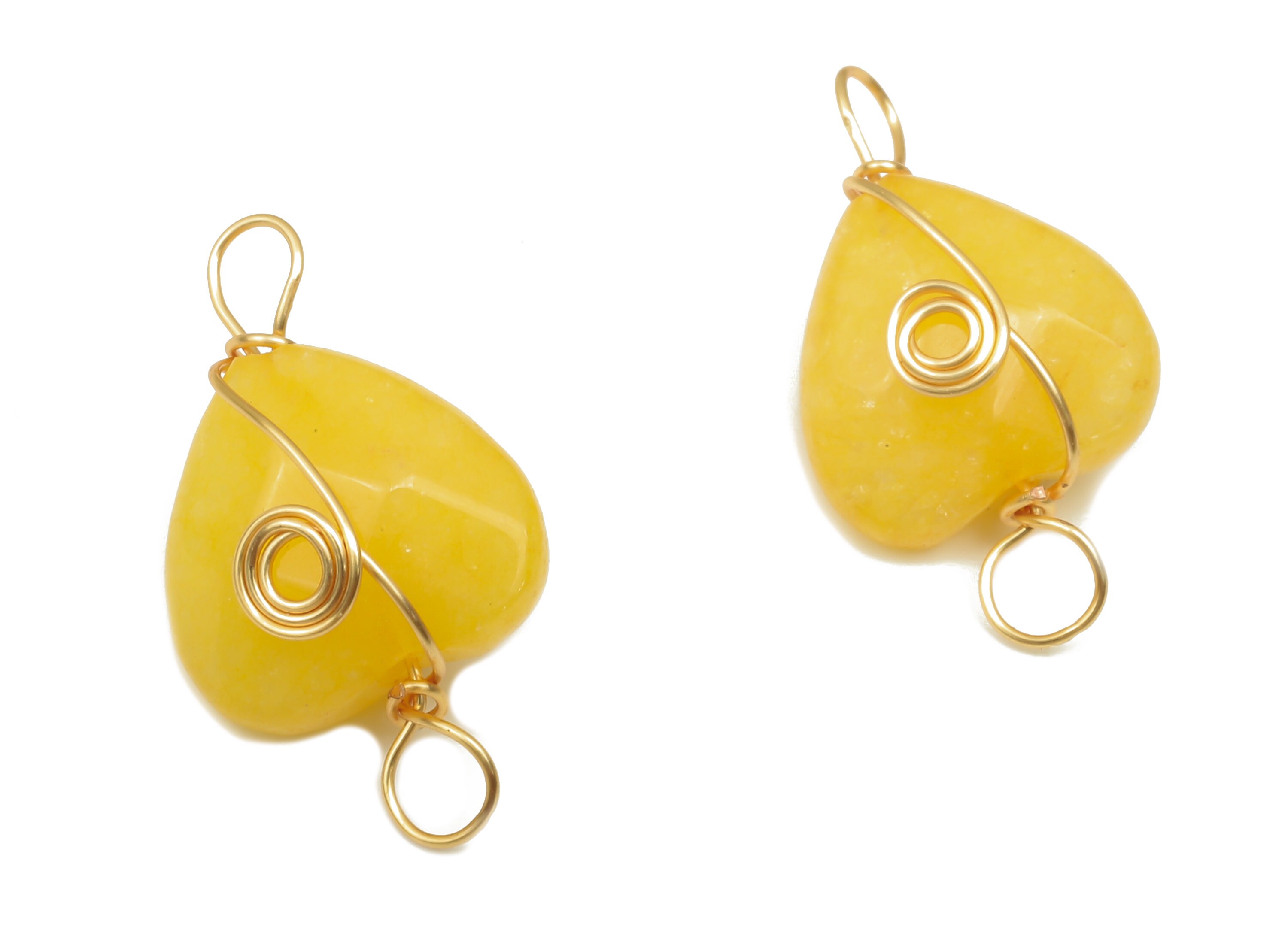 Yellow Jade Heart Earring Connector - Brass Wire Wrapped