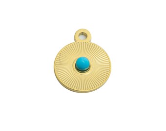 Steel Natural Stone Pendant - Textured Circular Bright Blue Stone Detail Pendant - Natural Stone Jewelry - 14K Real Gold - 15x12x3mm -SS1670