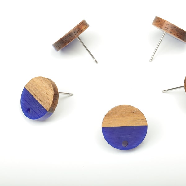 Natural Wooden Round Earring Stud - Walnut Wood Navy Resin Circle Earring Post - 316 Stainless Steel Stud - 15.05x15.05x3.11mm - BB1250K