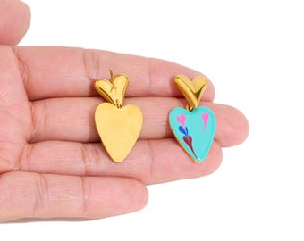 Stainless Steel Enamel Heart Stud - Steel Kawaii Heart Earring Charm - Modern Gold Heart Jewelry - Gold Vacuum Plated - 31x15.9x2mm - SS2232