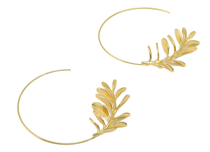 Brass Branch Earring Stud Brass Open Hoop Leaf Earring Post Botanical Post Wire Branch Hoop 18K Real Gold Plated 53x55x1mm RGP6259 image 1