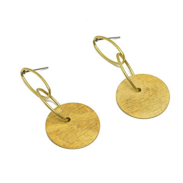 Brass Dangle Round Earring Stud - Raw Brass Disc Oval Interlocking Earring Post - Brass Textured Circle Earring Post - 45x19.89x1mm - PP9963