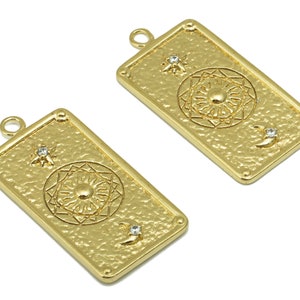 Brass Rectangle Pendant  - Hammered Brass - North Star Moon  - Crescent Cubic Zircon --Jewelry Supplies -27x 13 x 1.33mm --PP8460