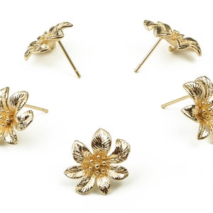 Brass Flower Earring Post - Gold Flower Earring Stud - 18K Real Gold Plated Brass - Stainless Steel Stud - 16.92x15.39x3.86mm - RGP3844