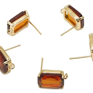 Brass Frame Rectangle Stud Earring - Faceted Clear Orange Glass With Loop - Stainless Steel - Gold Tone Plating - 16.5x10.3x5.2mm - GS1155C